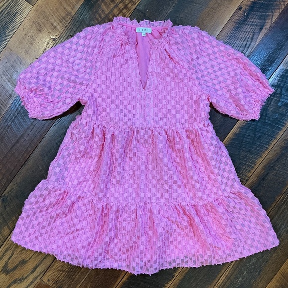THML Pink Textured Check Puff Sleeve Mini Dress Size S | Ruffle Tiered Babydoll - Picture 1 of 6